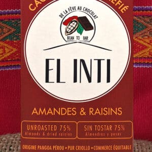 Tablette NON torréfiée El Inti Noir 75 % aux amandes et raisins secs - bio