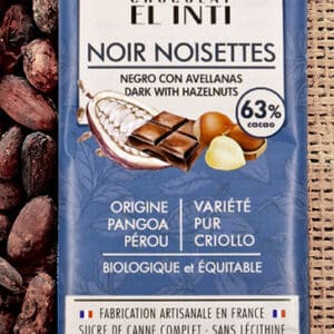 Chocolat noir aux noisettes, sans lécithine, bio